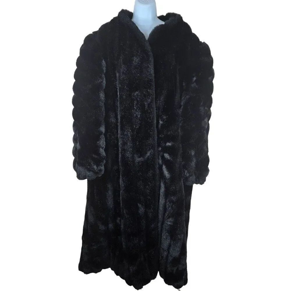 Vintage 50s 60s Luxurious Black XL Faux Fur Coat Mob Wife NEW With Flaws